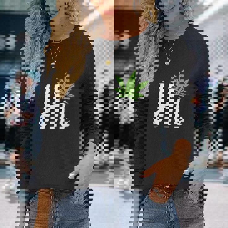 Hi Hello マリファナの葉 ハッピーファニー大麻 ウィード パイナップル 長袖Tシャツ 彼女への贈り物