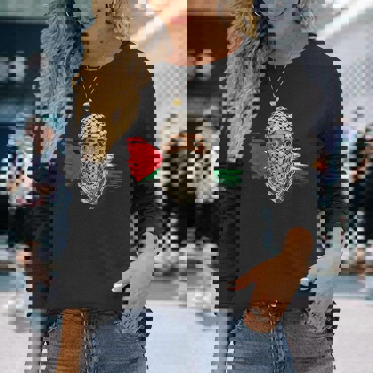 Keffiyehスカーフのパレスチナの若い男 パレスチナサポーター 長袖Tシャツ 彼女への贈り物