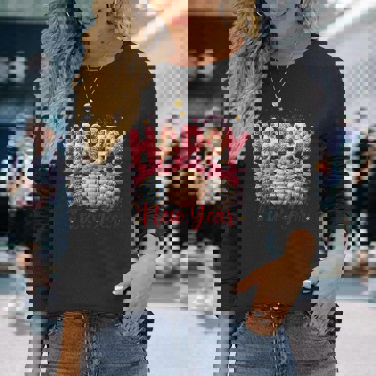 Latch Hook Yarn Crochet New Year 2026 Disco Ball Fireworks Long Sleeve T-Shirt Gifts for Her