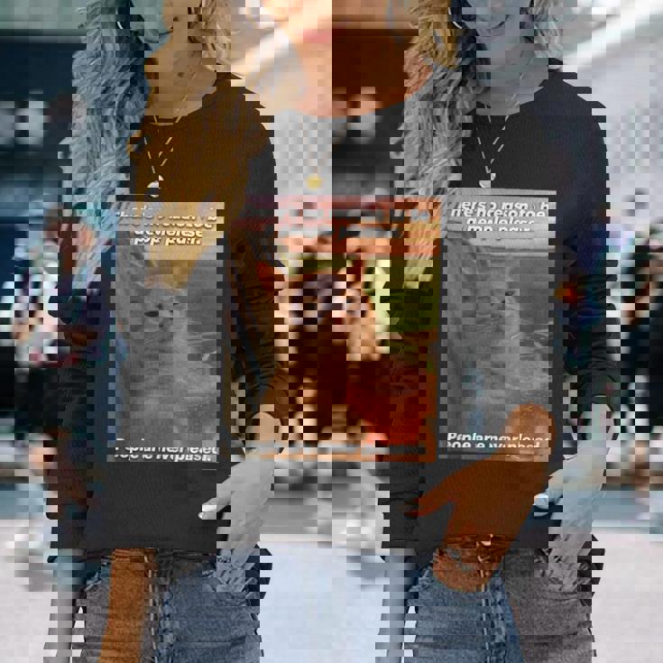 People Are Never Pleased Brainrot 猫ミーム 大学ユーモア 長袖Tシャツ 彼女への贈り物