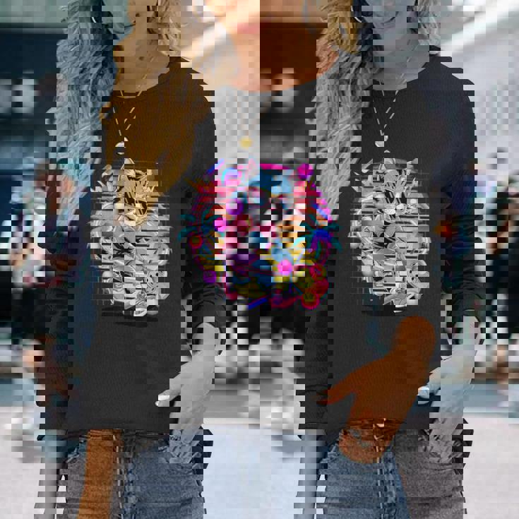 Vaporwave 猫 ピックルボール プレーヤー 80年代 レトロ 美学 長袖Tシャツ 彼女への贈り物