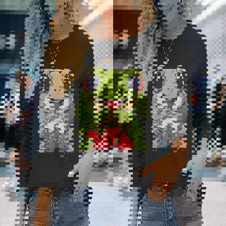 いちごカエル 図面 アートワーク いちご 動物 アート 長袖Tシャツ 彼女への贈り物