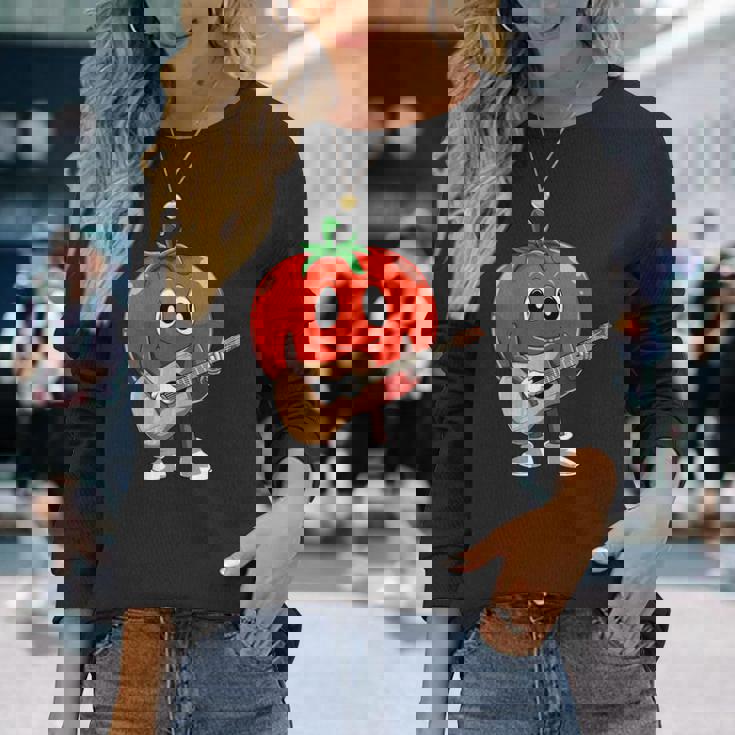 おもしろギタリスト トマト 演奏 ギター ミュージシャン トマト ギター 長袖Tシャツ 彼女への贈り物