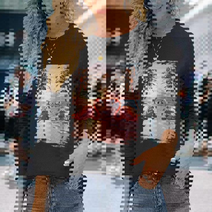 かわいいカラフルなフラミンゴヤシの木 長袖Tシャツ 彼女への贈り物