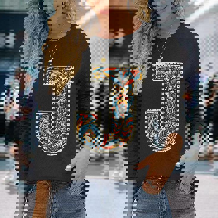 イニシャル 名前 文字 J アルファベット 民芸風 長袖Tシャツ 彼女への贈り物