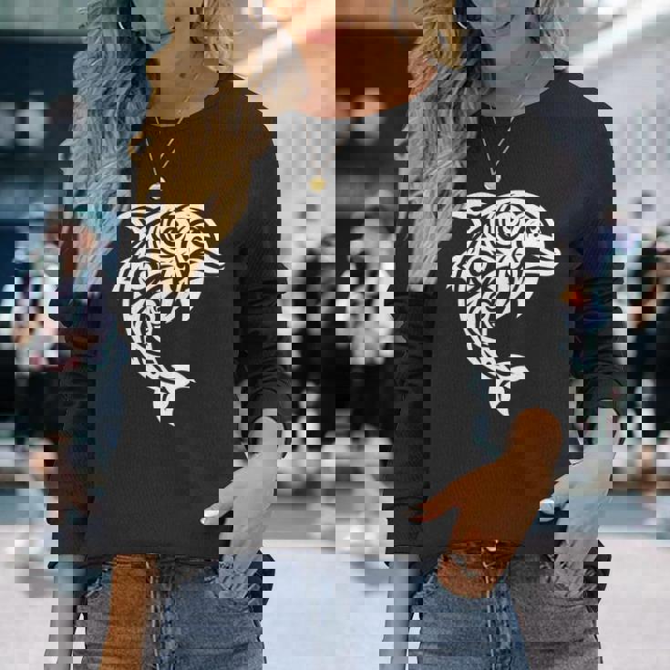 イルカ ポリネシアン トライバル マオリ ライトパターン イルカ 長袖tシャツ 長袖Tシャツ 彼女への贈り物