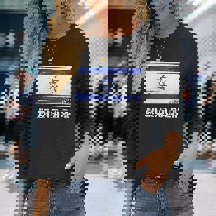 エルサレムイスラエル国旗シャツ 長袖Tシャツ 彼女への贈り物