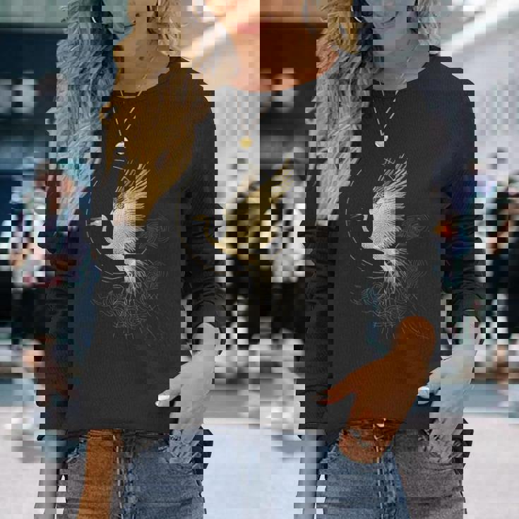 エレガントな鶴 アールデコ デザイン 優雅な鳥 長袖Tシャツ 彼女への贈り物