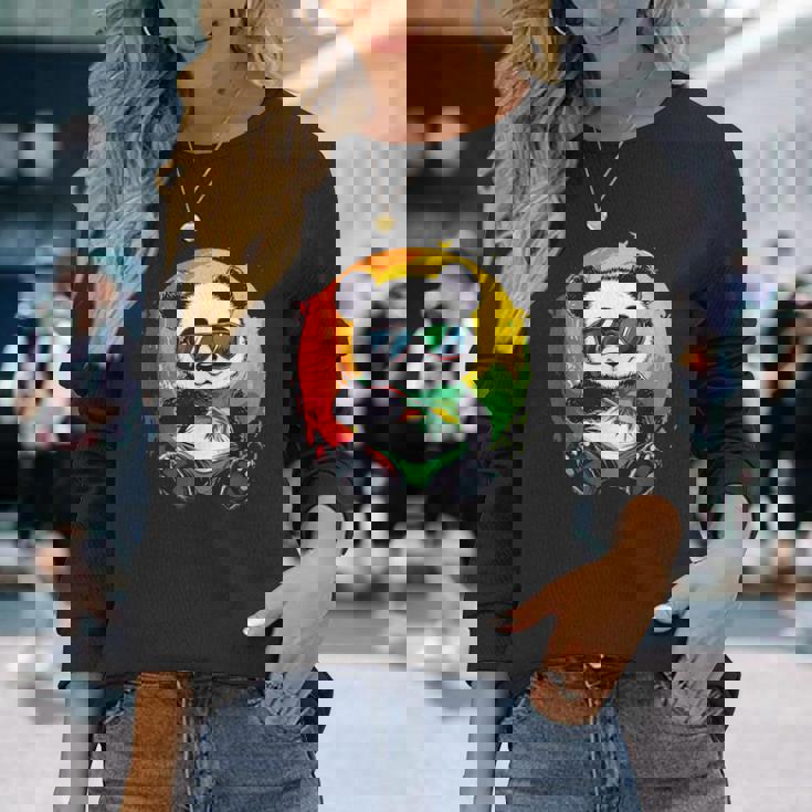 サングラス付きパンダ ラスタカラー 長袖Tシャツ 彼女への贈り物