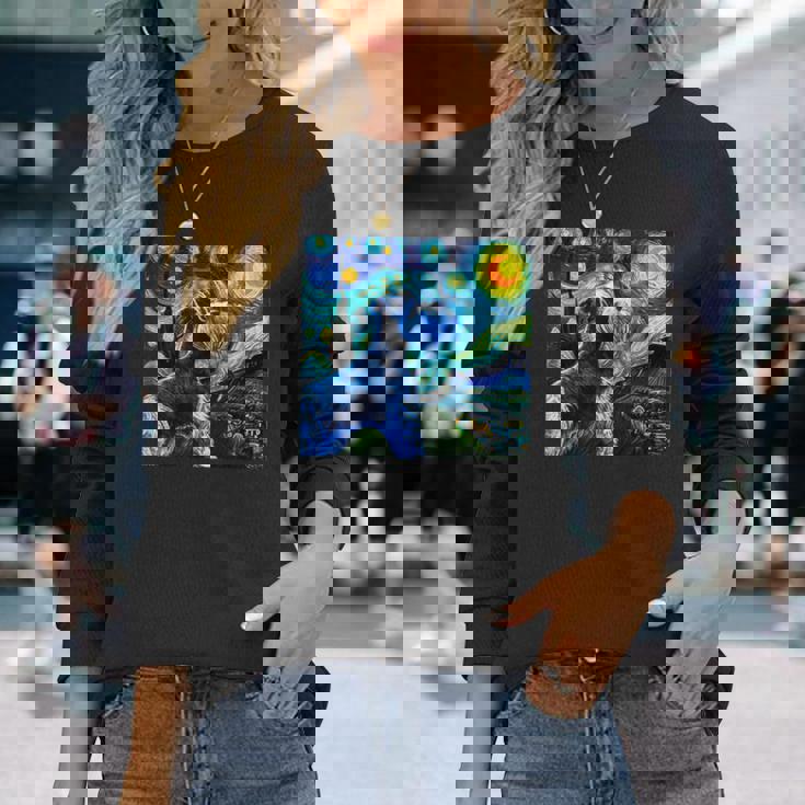 シュナウザー 面白いtシャツ 犬 ゴッホ 星月夜 かわいい メンズ 子供 おもしろ 服 グッズ ネタ 長袖Tシャツ 彼女への贈り物