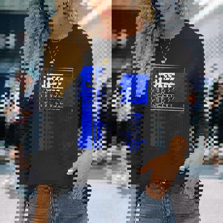 ジャズミュージシャンブルーシート ミュージックブルーノート 長袖Tシャツ 彼女への贈り物