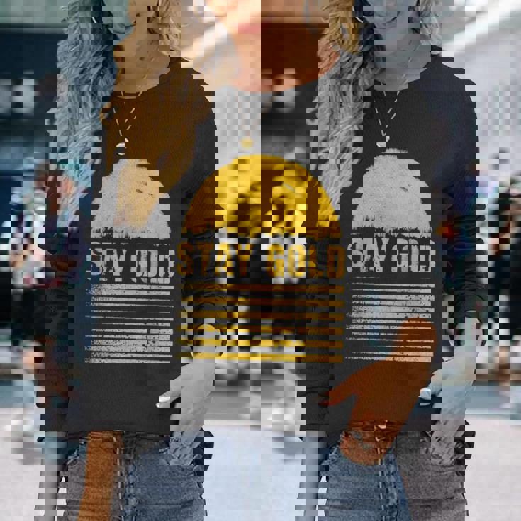 ステイゴールド 太陽 レトロ風 ストライプ 力強さ 長袖Tシャツ 彼女への贈り物