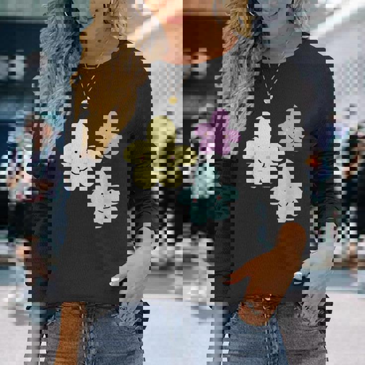 スマイリングフラワー イエロー ブルー パープル 楽しい春 長袖Tシャツ 彼女への贈り物