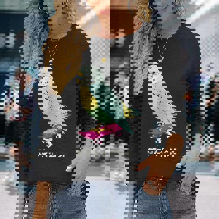 セキセイインコ インコ 鳥 スケートボード かわいい イラスト 手書き セキセイインコ好き 鳥好き おもしろ 長袖Tシャツ 彼女への贈り物