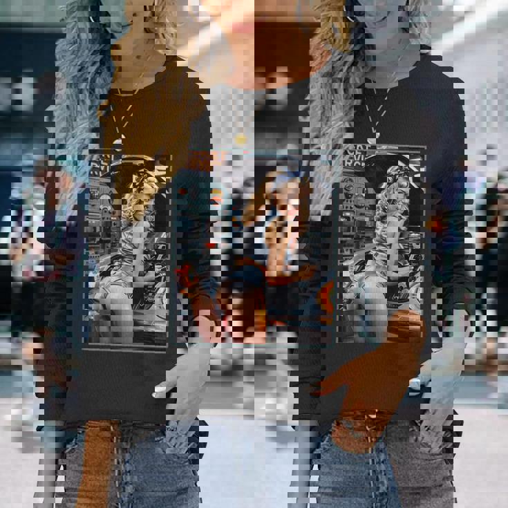 セクシーガールグラフィックtシャツ セクシーなブロンドメカニックピンナップガール 長袖Tシャツ 彼女への贈り物