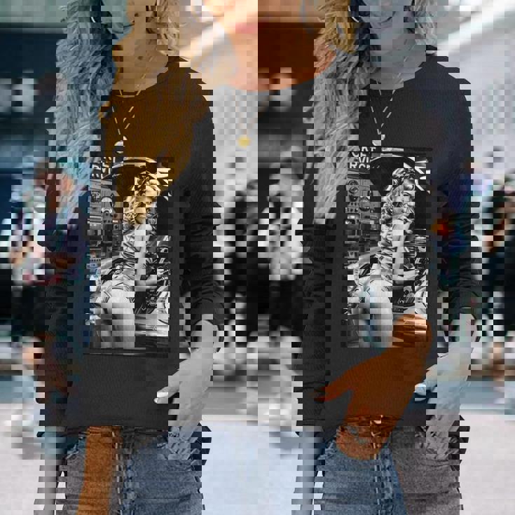 セクシーガールグラフィックtシャツ セクシーブロンドメカニックピンナップガールbw 長袖Tシャツ 彼女への贈り物