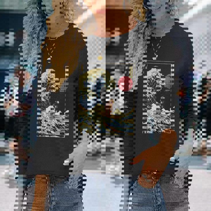 チンパンジー 神奈川波 おもしろサーフアニマル 長袖Tシャツ 彼女への贈り物