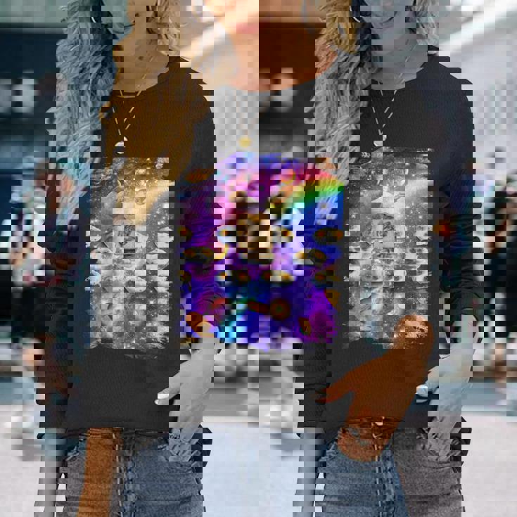 トーストスペース 猫 パンローフキャット レインボーギャラクシー 長袖Tシャツ 彼女への贈り物