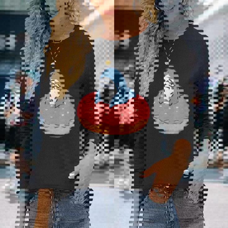 ドーナツに喰われるサメ さめ かわいい ゆるい イラスト シュール おもしろ 鮫 シャーク 長袖Tシャツ 彼女への贈り物