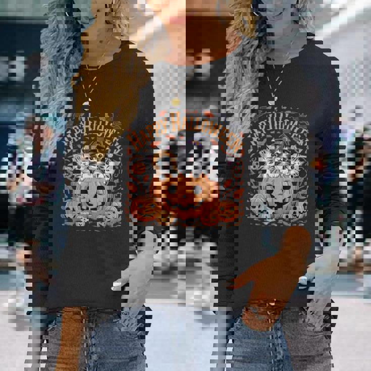 ハッピーハロウィン猫 パンプキン 魔女の帽子デザイン 長袖Tシャツ 彼女への贈り物