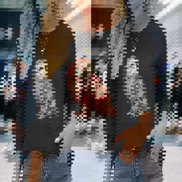 ハート柄の奇抜なパッチワークフクロウ 長袖Tシャツ 彼女への贈り物