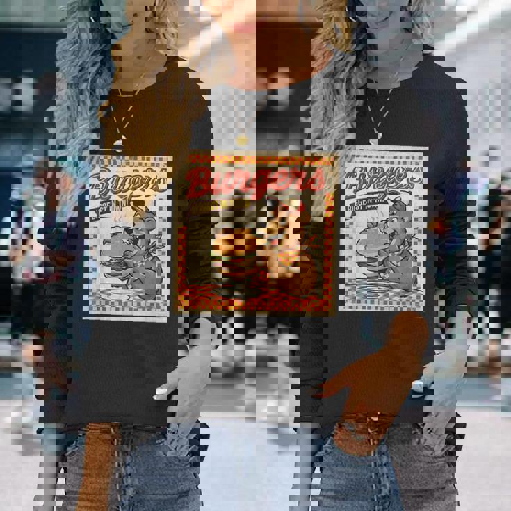 ビンテージ Burgers Biggest In Town ベア ハンバーガー ショップ 長袖Tシャツ 彼女への贈り物