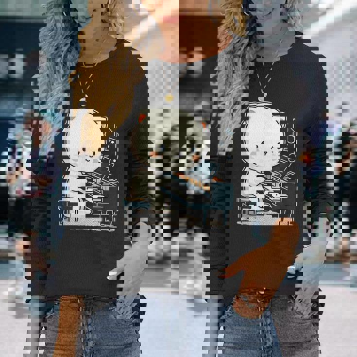 ピアノを弾くかわいい猫 ヴィンテージ かわいい猫 アート 日本アニメ 長袖Tシャツ 彼女への贈り物