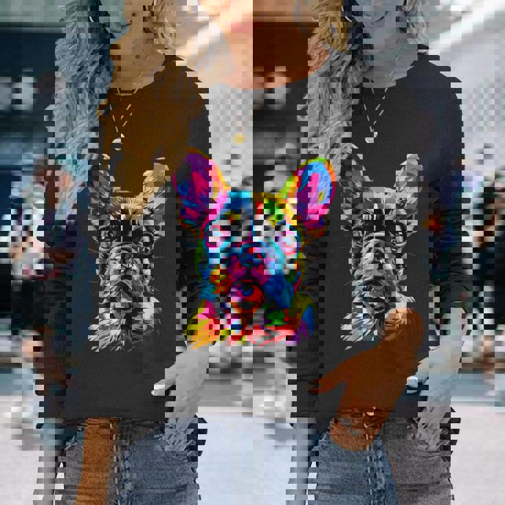 フレンチブルドッグ 犬 カラフル ポップアート レインボーカラー ブルドッグ 長袖Tシャツ 彼女への贈り物