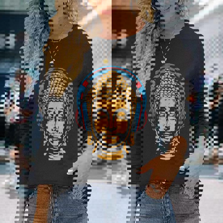 ブッダとヘッドフォン マインドフルネス 音楽 ボーホー 禅 仏教 長袖Tシャツ 彼女への贈り物