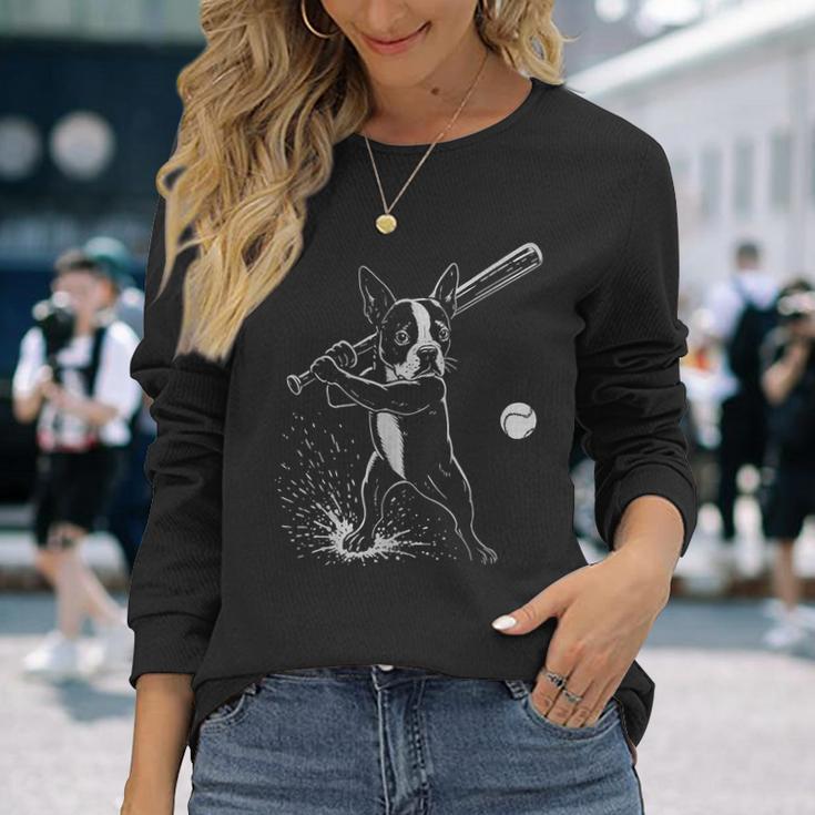 ボストンテリア 野球 スポーツ 犬好き 長袖Tシャツ 彼女への贈り物