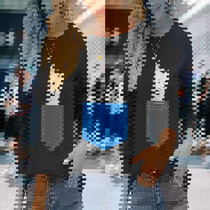 ポケットに犬のウェスティ犬テリアフロントポケット胸 長袖Tシャツ 彼女への贈り物