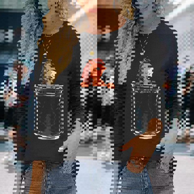 ポケットの中のかわいい馬 長袖Tシャツ 彼女への贈り物