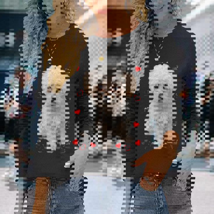 マルチーズ 犬 オーナー ラバー デザイン 子犬 ハート デザイン 長袖Tシャツ 彼女への贈り物