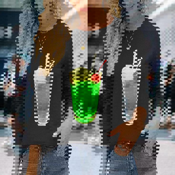 メロンソーダ／クリームソーダ（スイーツ ポップ）夏【サマータイム】昭和レトロ 80S かわいい デザイン 長袖Tシャツ 彼女への贈り物