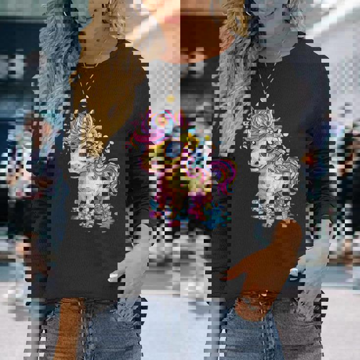 レインボーフラワーマジックのかわいいポニー。 長袖Tシャツ 彼女への贈り物