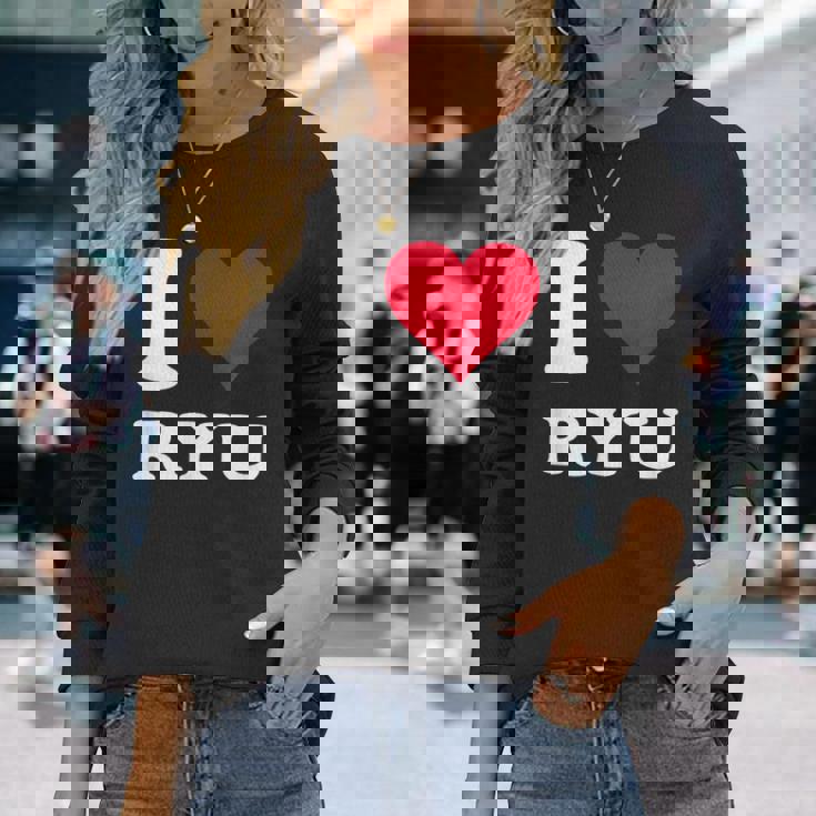 レッドハート I Love Ryu 長袖Tシャツ 彼女への贈り物