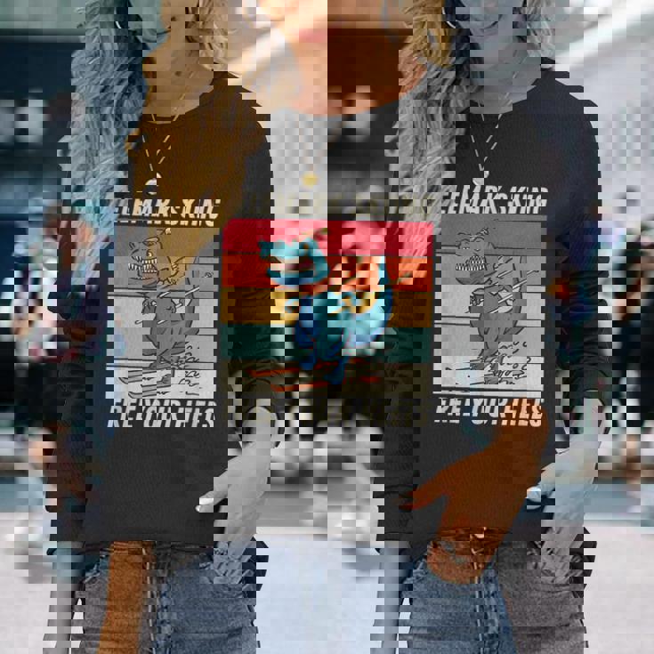 レトロ かわいい 漫画 恐竜 スキーヤー テレマーク スキー 長袖Tシャツ 彼女への贈り物