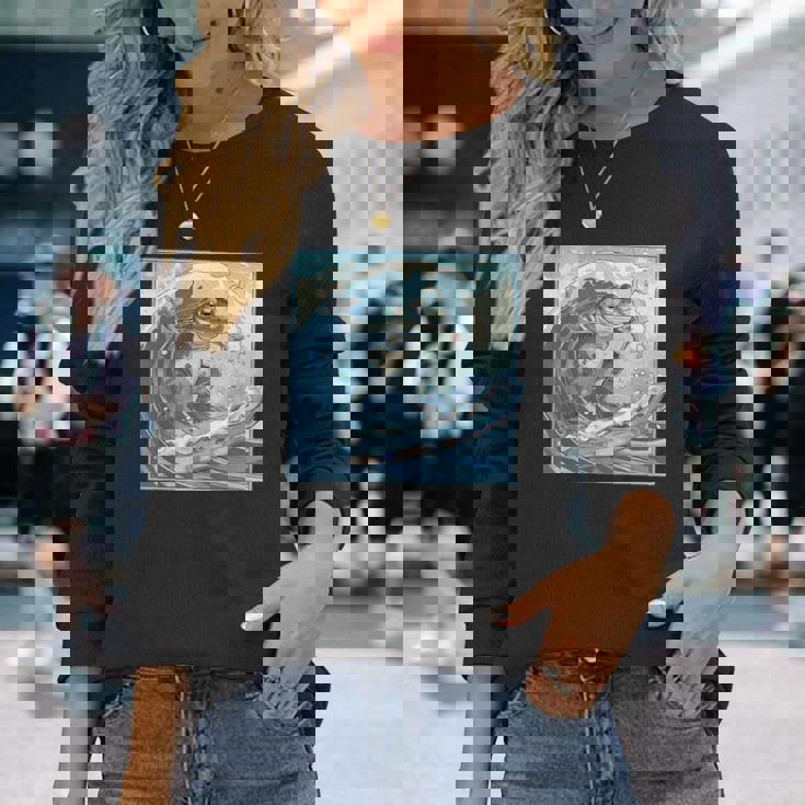 両生類サーファー 日本の波 アート サーフィン カエル 長袖Tシャツ 彼女への贈り物