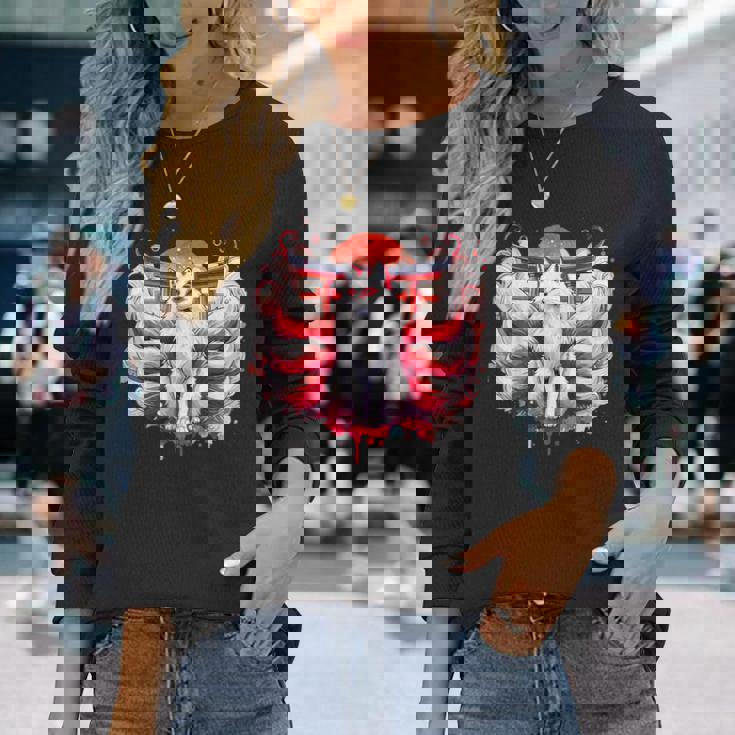 九尾狐 きつねと鳥居門 長袖Tシャツ 彼女への贈り物