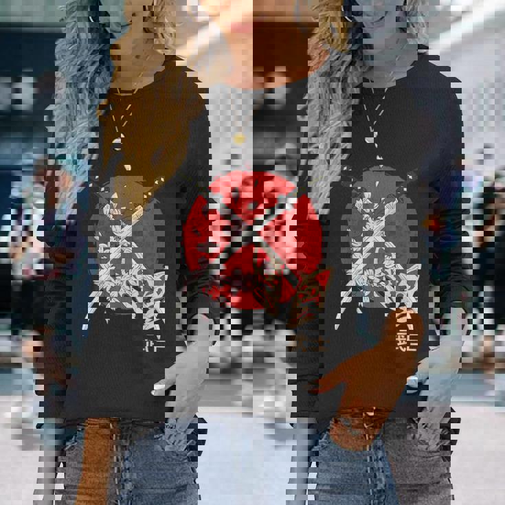 古代日本の桜 侍刀 長袖Tシャツ 彼女への贈り物