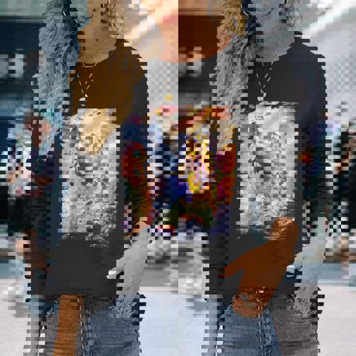 宇宙の銀河猫とユニコーン ペガサス 長袖Tシャツ 彼女への贈り物