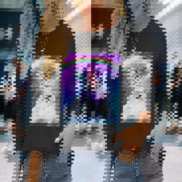 宇宙パグ 雲の上のレインボーユニコーン 長袖Tシャツ 彼女への贈り物