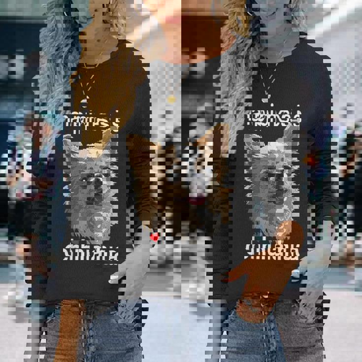 幸せはロングヘア チワワ 長髪 チワワ ママ パパ 長袖Tシャツ 彼女への贈り物