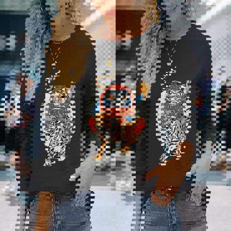 日本のトラ ラッキーだるま人形 日本の伝統 長袖Tシャツ 彼女への贈り物