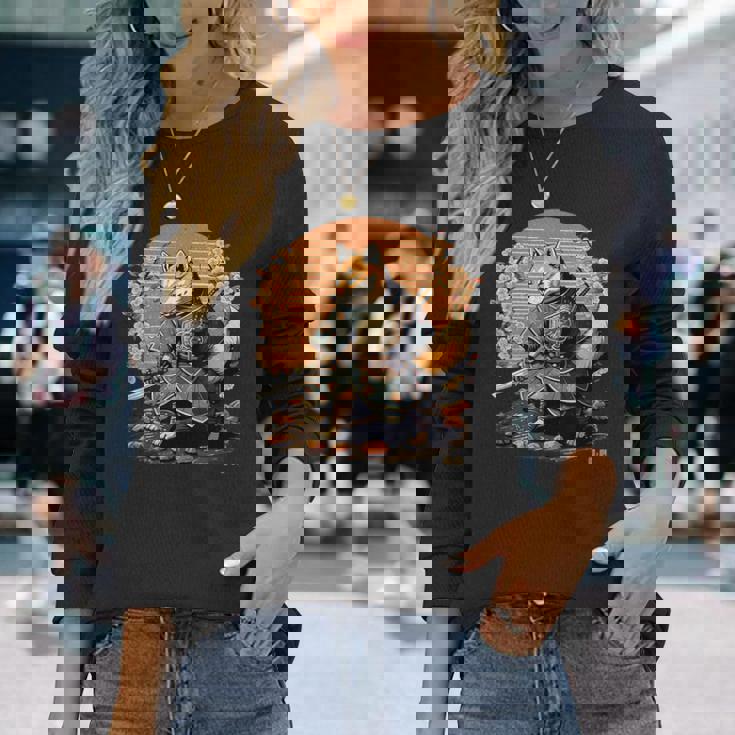 日本アート 柴犬 忍者 浮世絵 アニメ風 侍犬 長袖Tシャツ 彼女への贈り物