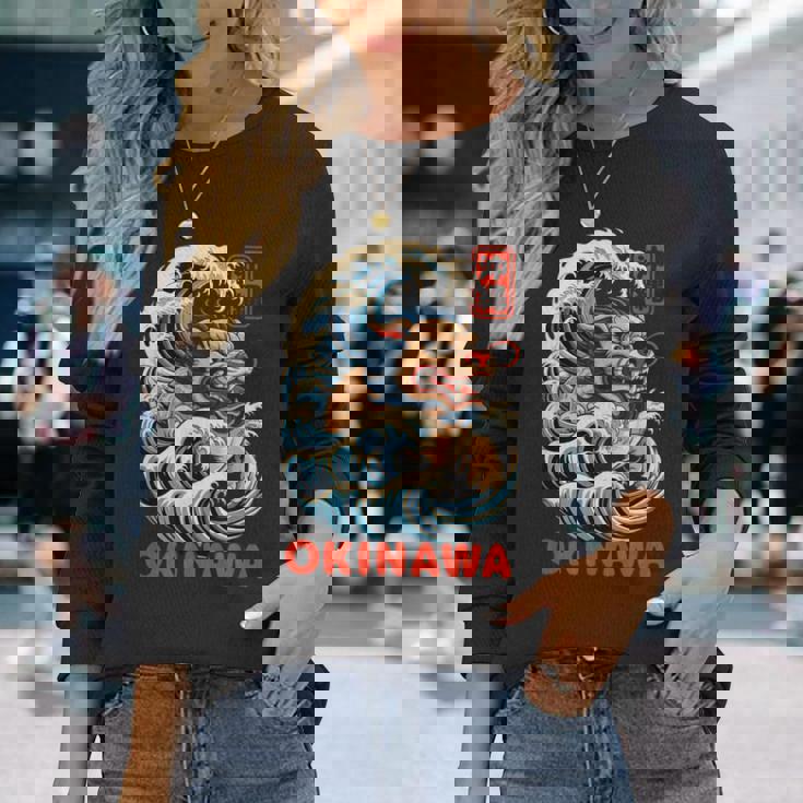 沖縄シーサー 日本漢字 ライオン レトロ アニメ 日本 お土産 長袖Tシャツ 彼女への贈り物