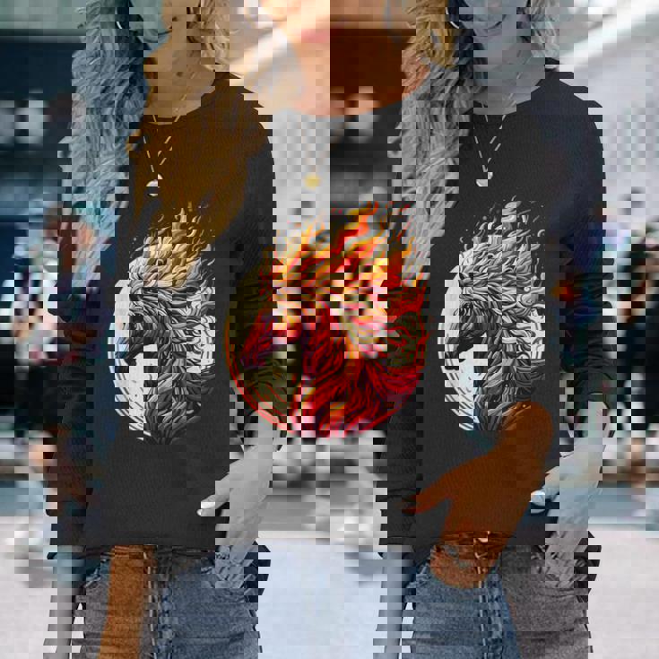 燃える 動物 馬 動物 クール 馬 火 炎 長袖Tシャツ 彼女への贈り物