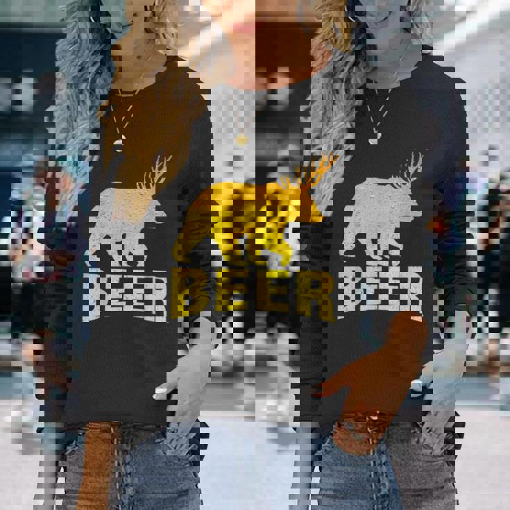 狩猟 ビール スピリット 動物 ティー ベア 鹿 ティー ビール クマ 鹿 長袖Tシャツ 彼女への贈り物