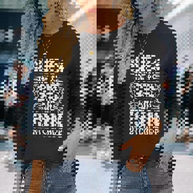 猫と釣り漁師 おもしろ釣り 長袖Tシャツ 彼女への贈り物