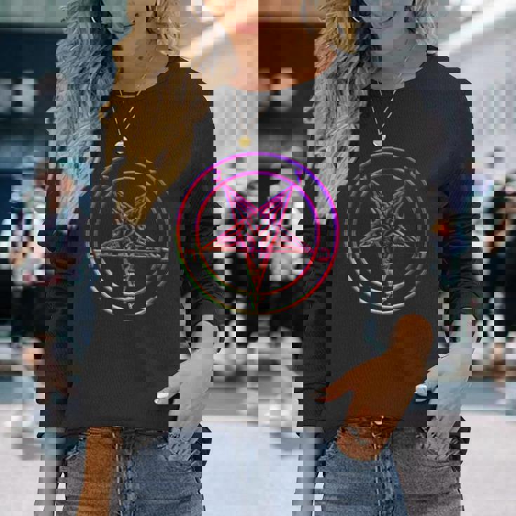 美しいvaporwave サタニックペンタグラム レトログリッチ効果 長袖Tシャツ 彼女への贈り物